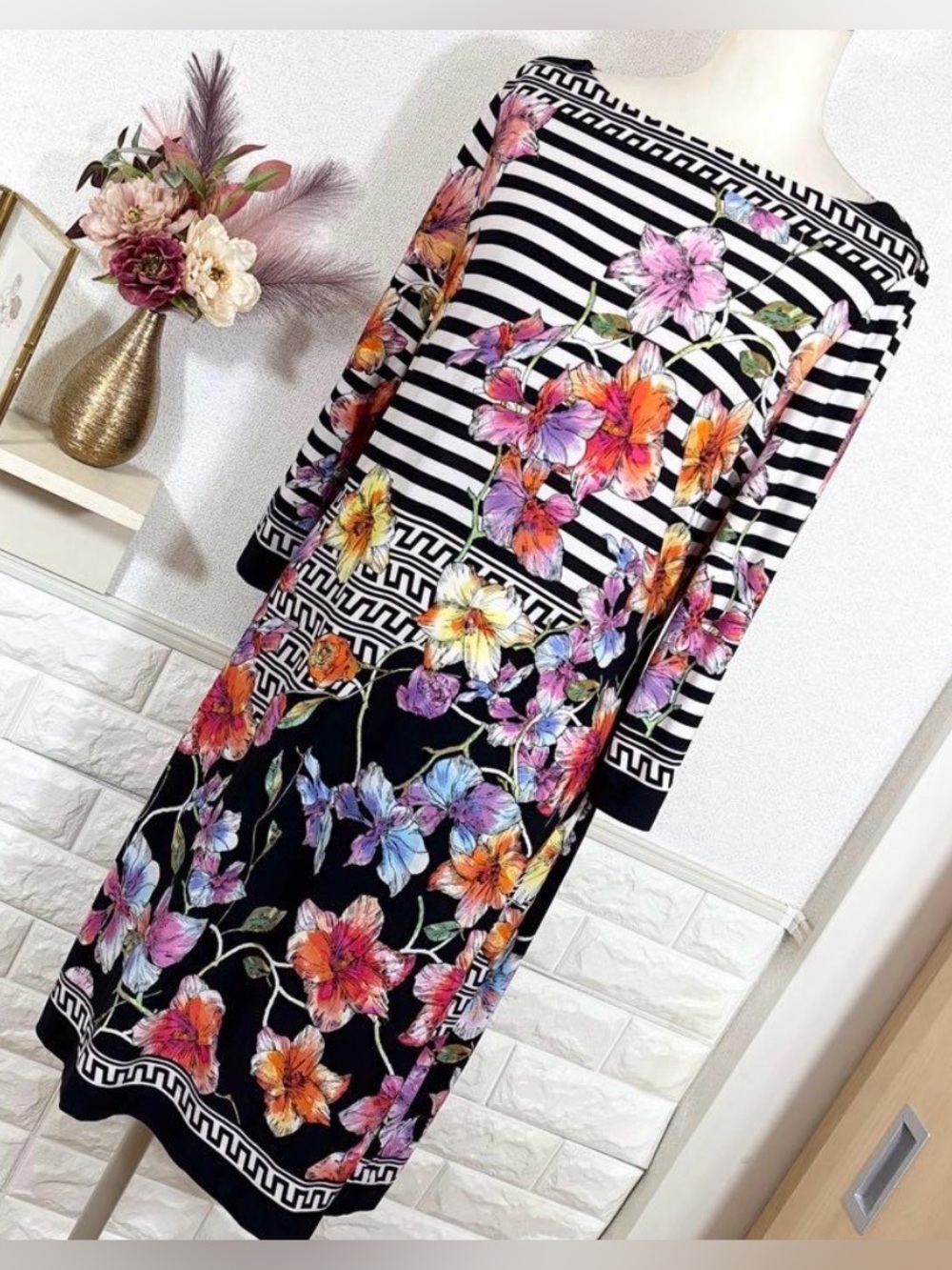 Beige by eci Black Striped Floral Long Sleeve Midi Dress